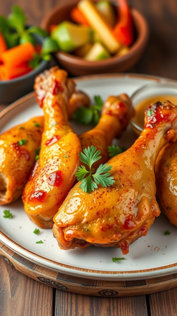 Spicy Baked Chicken Drumsticks Recipe Crispy baked chicken drumsticks on a plate, garnished with parsley, with dipping sauce and vegetables on the side.